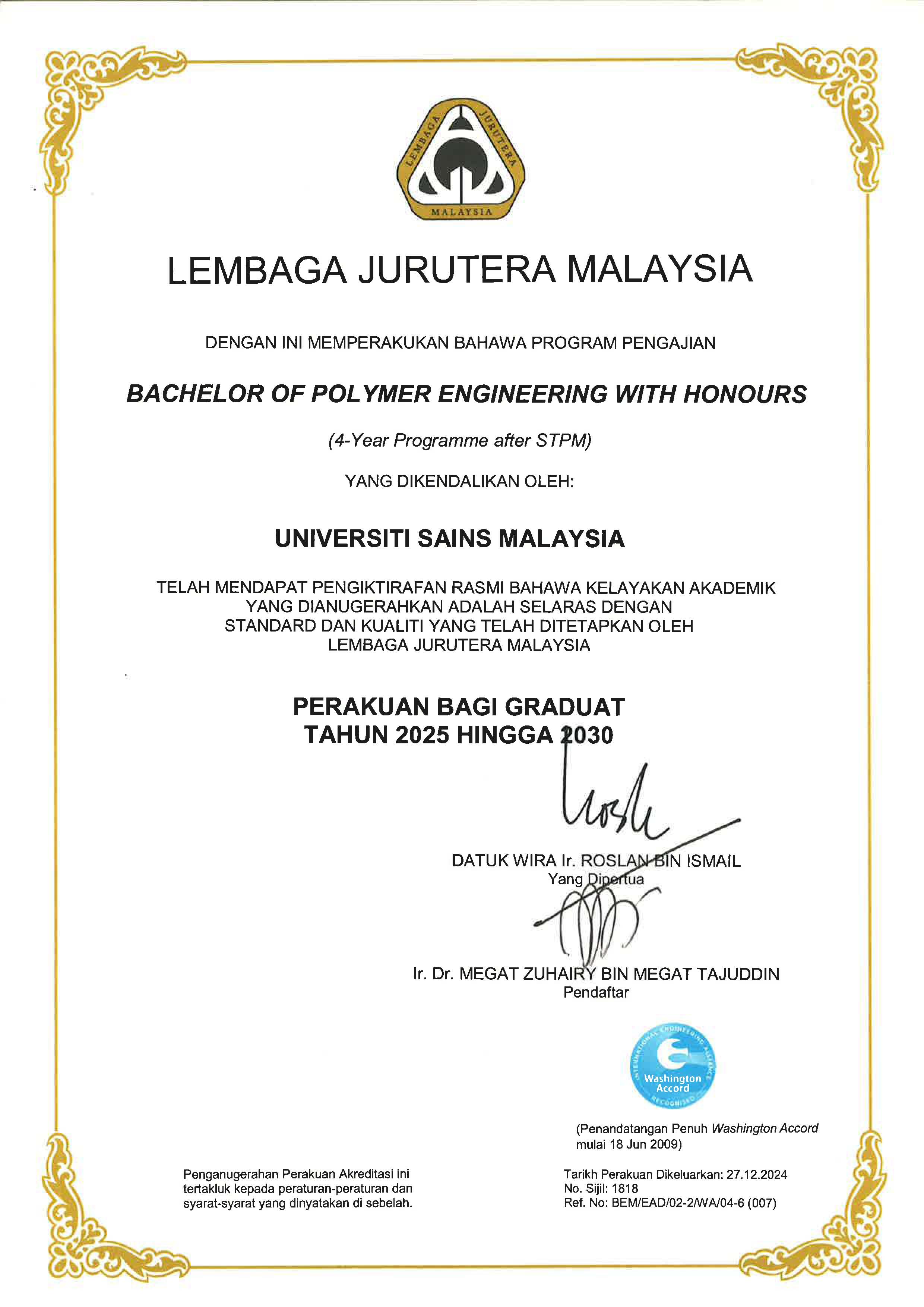 SIJIL BEM SARJANA MUDA KEJURUTERAAN POLIMER DENGAN KEPUJIAN Page 1
