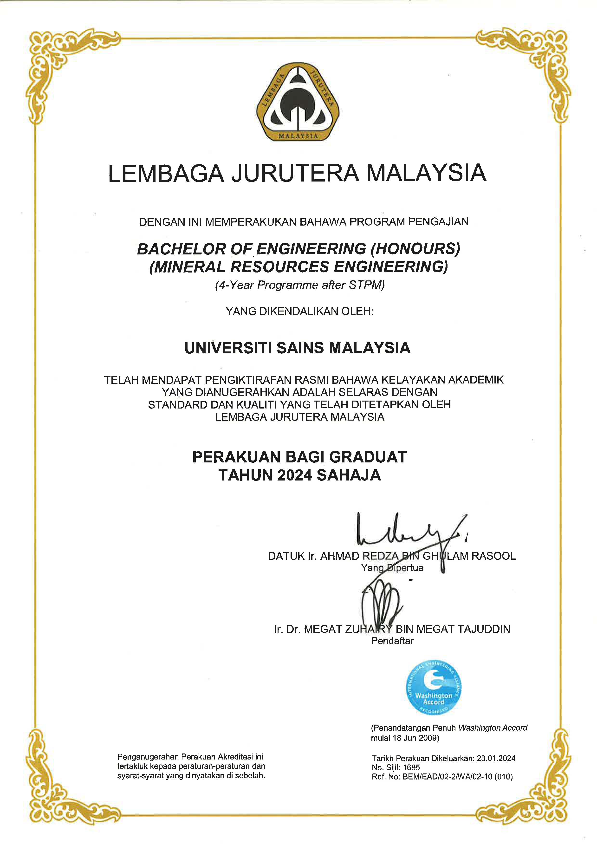 SIJIL BEM Sarjana Muda KejuruteraanKepujianKejuruteraan Sumber Mineral 1 Page 1